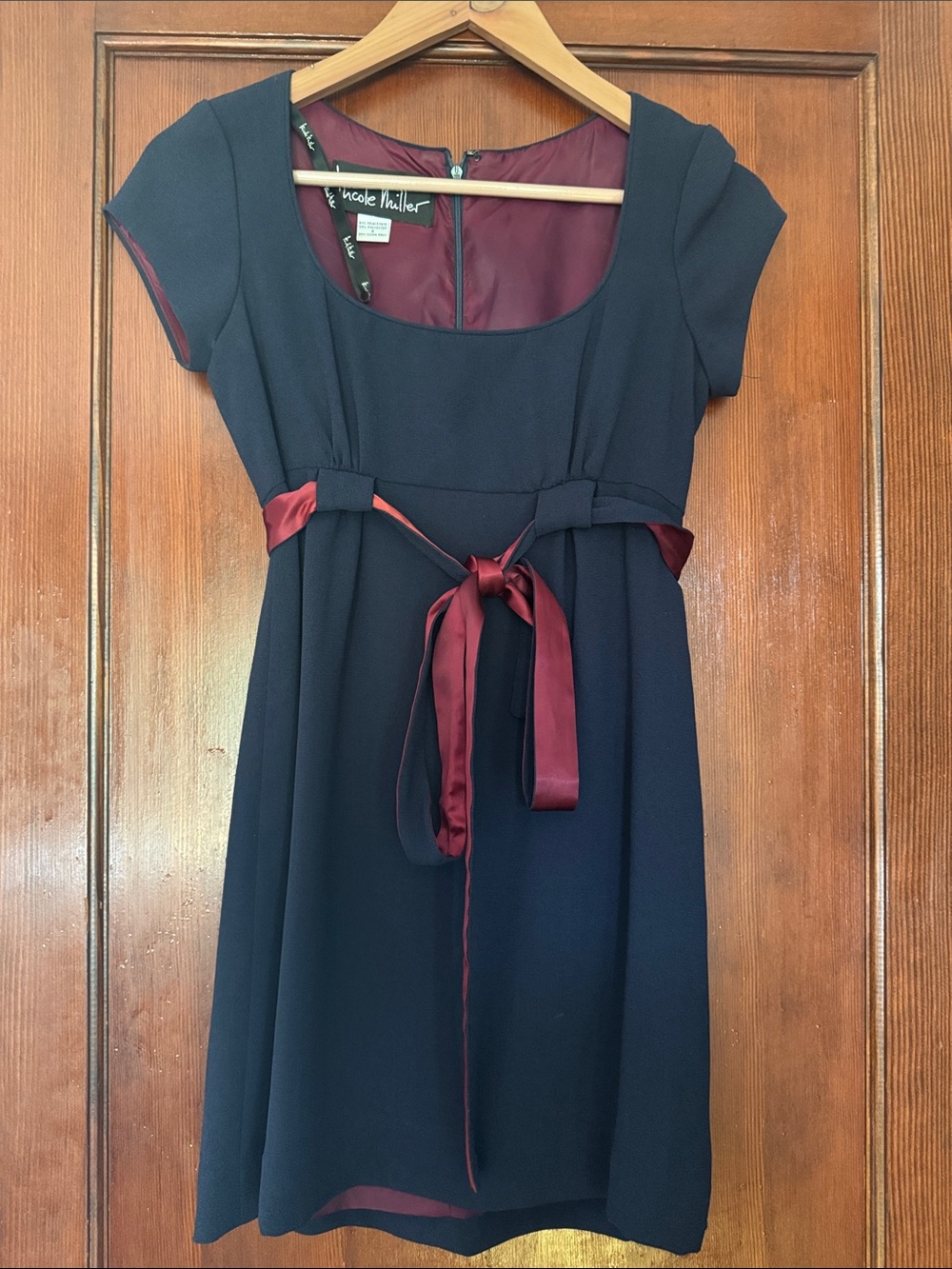 Nicole Miller Navy Dress with Burgundy Satin Tie